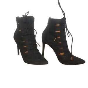 EUC Anna Michelle Balck suede‎ pointed toe zip up heels sz7